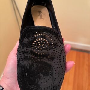 Black sueded flats with medallion designs, size 8.5, from Xappeal.